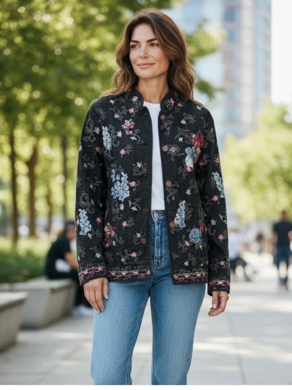 Denim & Co Black Jean Jacket w Multicolor Embroidery Long Sleeve